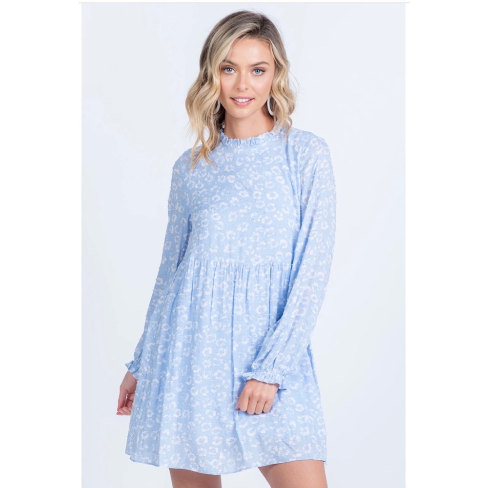 Everly Blue Floral Long Sleeve Mini Dress Size M